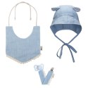 Hi Little One bonetka niemowlęca z daszkiem i uszkami BOHO LEO Light Blue roz L Pom Pom