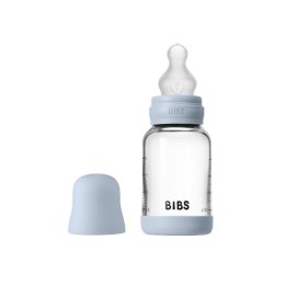 BIBS BUTELKA SZKLANA ze smoczkiem antykolkowym z silikonu medycznego, pojemność 120 ml, BABY BLUE